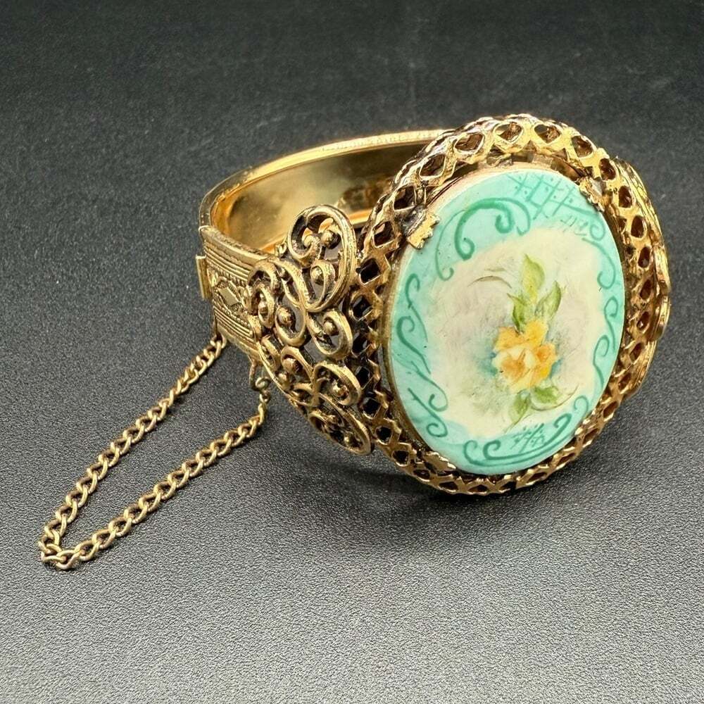 Vintage Rare 1970s Handpainted Porcelain Floral Cuff Bracelet with Safety